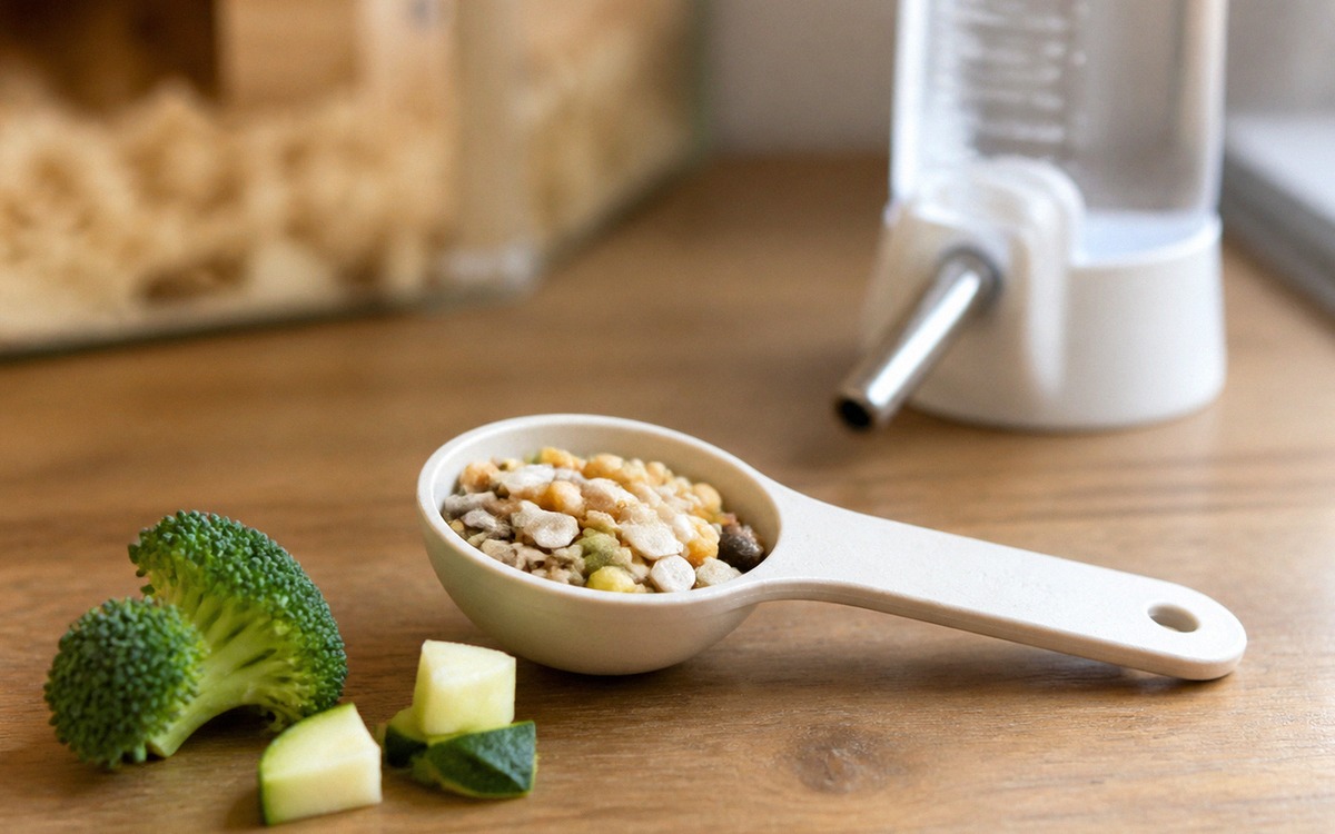 Photorealistic close-up of a hamster food setup on a wooden table: measured spoon with hamster grain