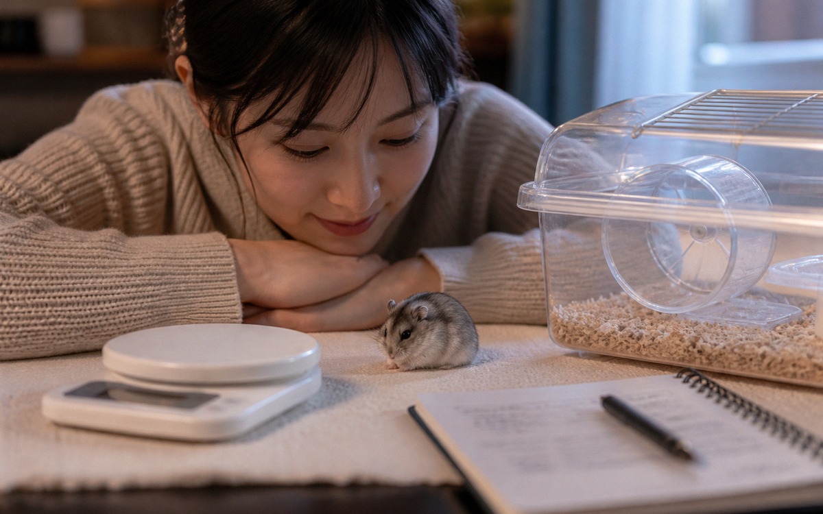 A caring pet owner gently observing a dwarf hamster in the evening near its cage, hamster slightly h
