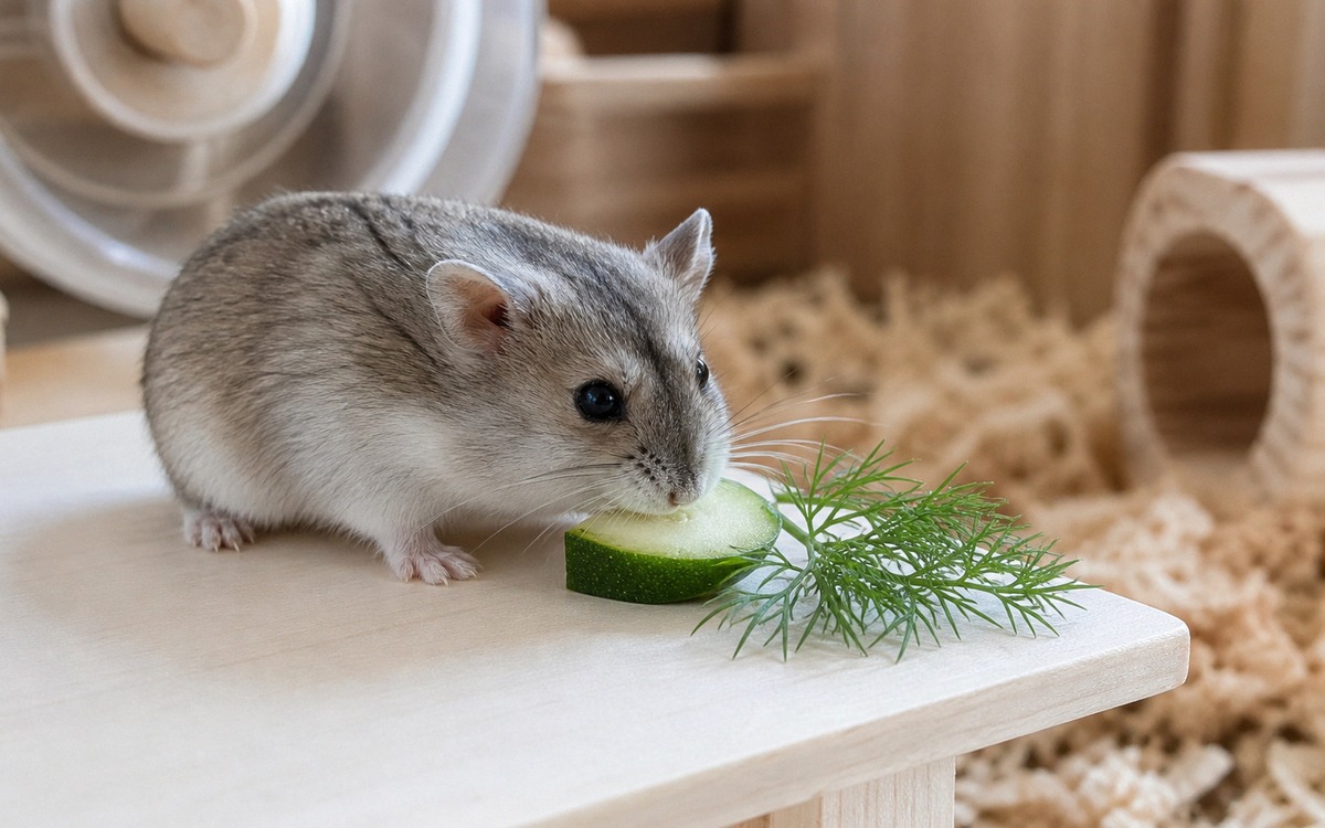 Photorealistic close-up of a dwarf hamster gently sniffing a tiny piece of zucchini and fresh dill o