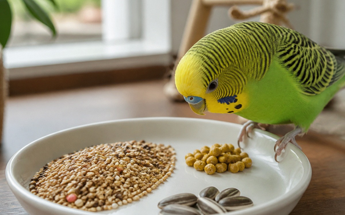 Close-up of a bird feeding setup with clean mixed seeds, a small portion of pellets, a few sunflower