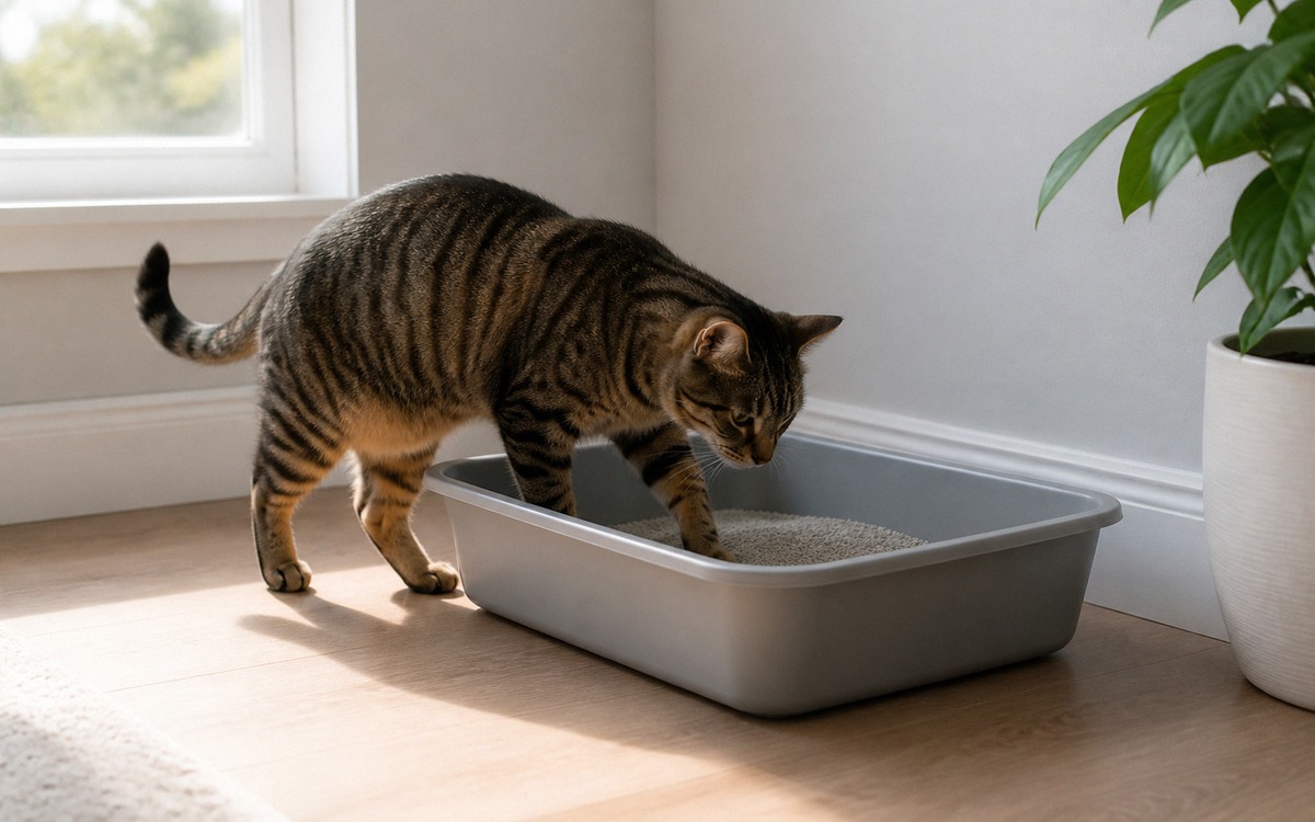 A medium sized adult tabby cat exploring an open rectangular litter box placed in a quiet corner awa