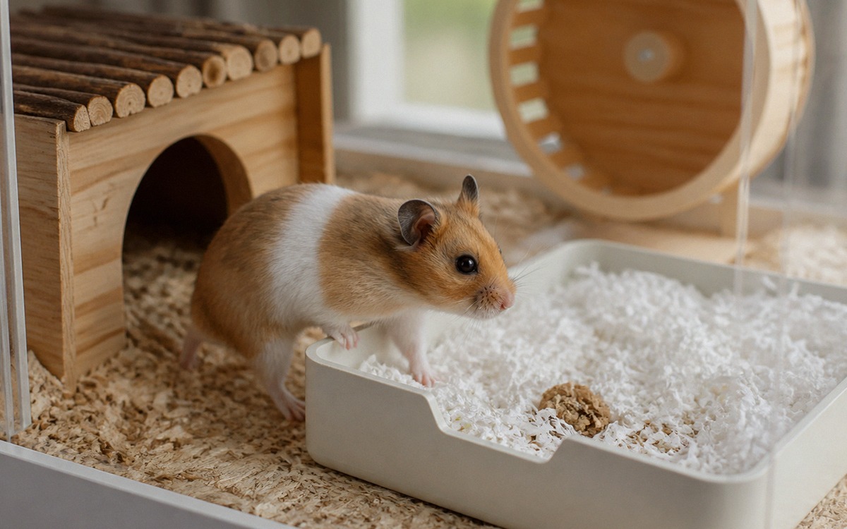Photorealistic natural photo of a hamster cage corner during litter training, a small hamster steppi