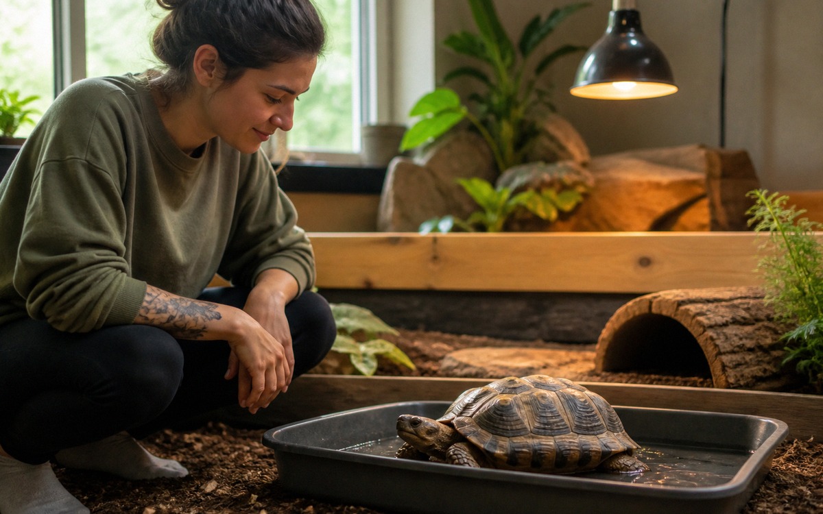 A tortoise calmly sitting in a shallow tray while an owner gently observes nearby without touching, 