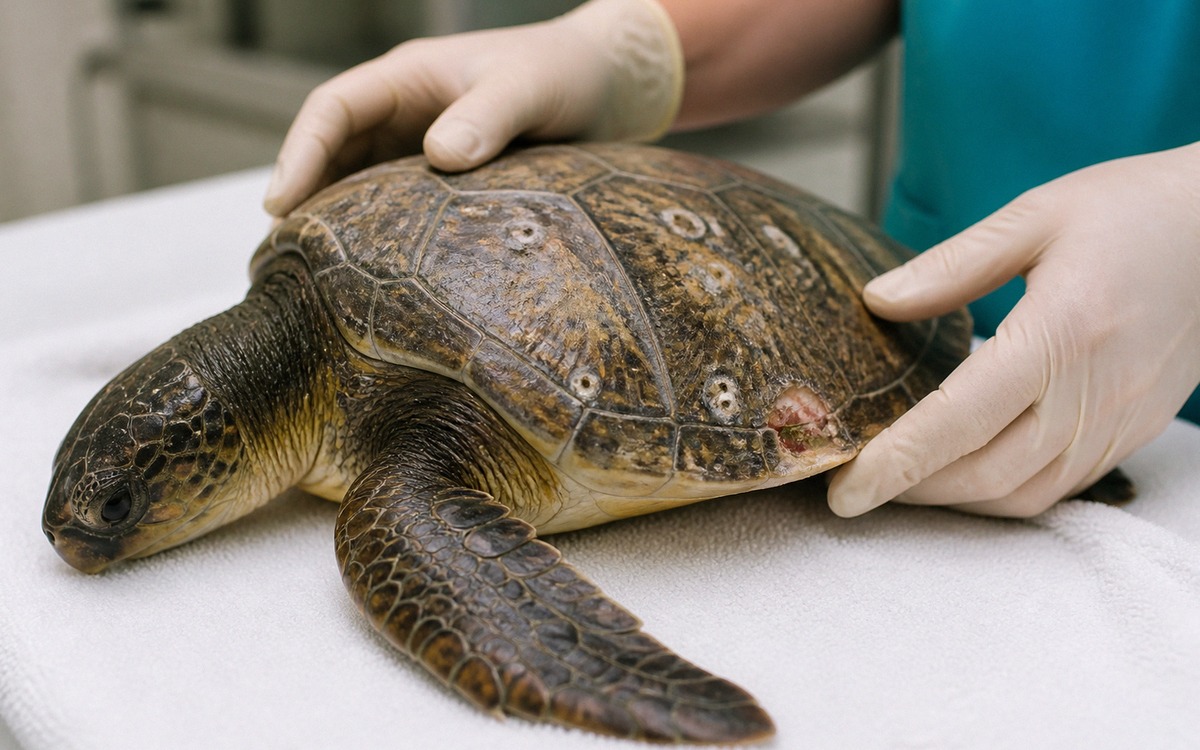 Photorealistic veterinary inspection of a turtle shell with visible pale spots and mild shell damage