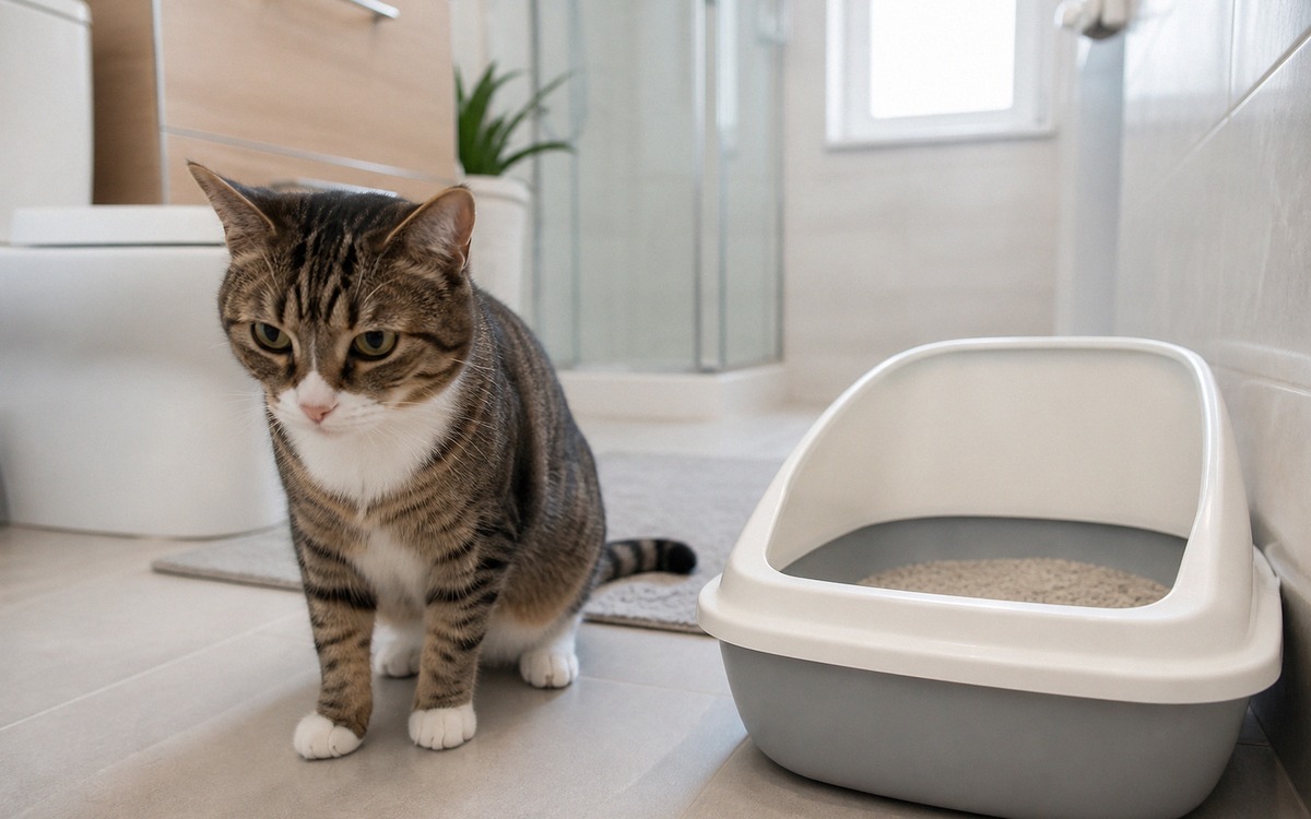Photorealistic natural photography of a worried cat near a clean litter box in a bathroom, posture s