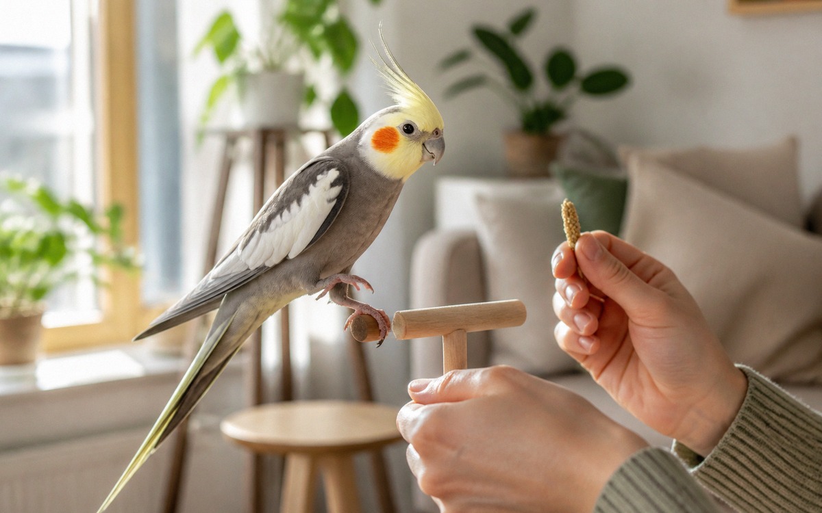 Photorealistic scene of a cockatiel calmly stepping onto a small training perch held by an owner, ti