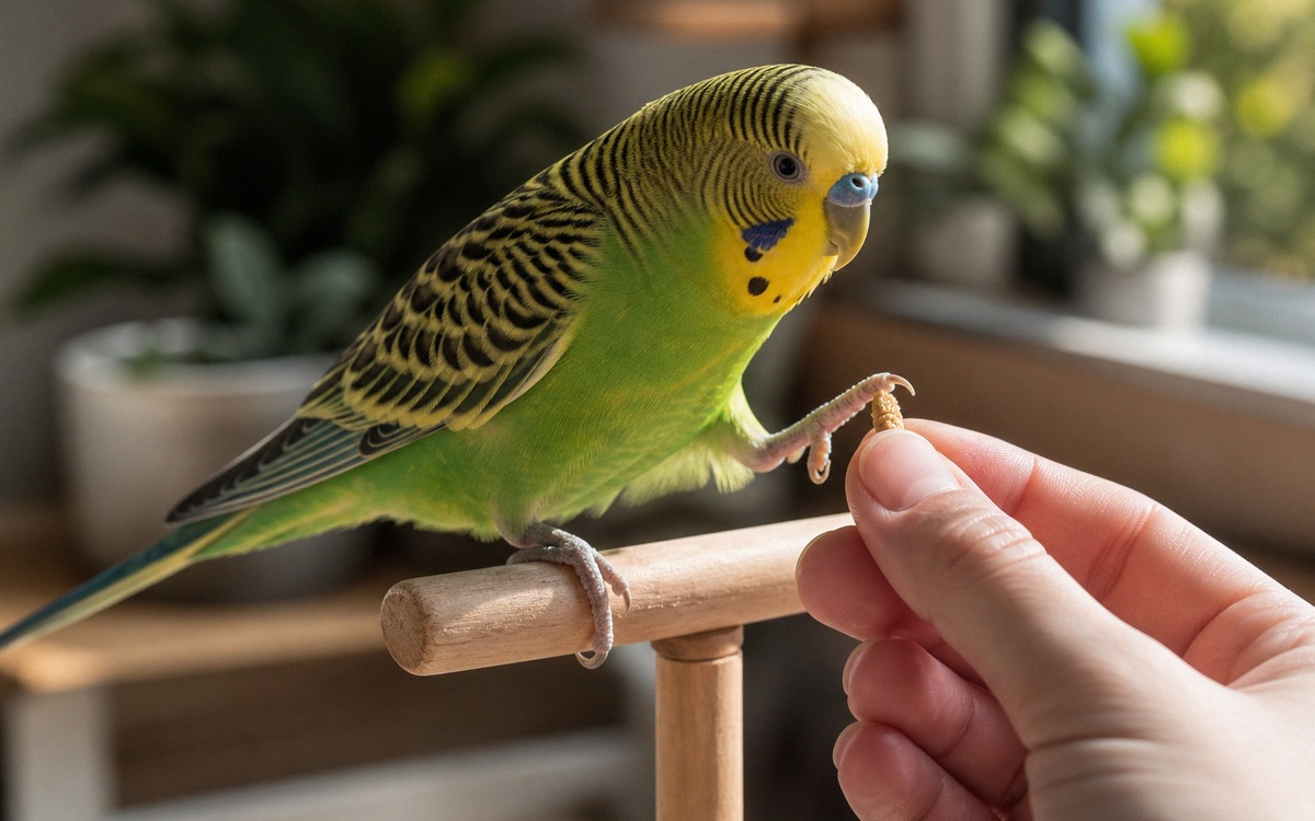Photorealistic close-up of a budgerigar gently stepping onto a small wooden training perch while a h