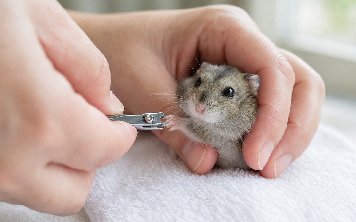 A careful adult hand gently holding a small dwarf hamster on a smooth towel while another hand trims