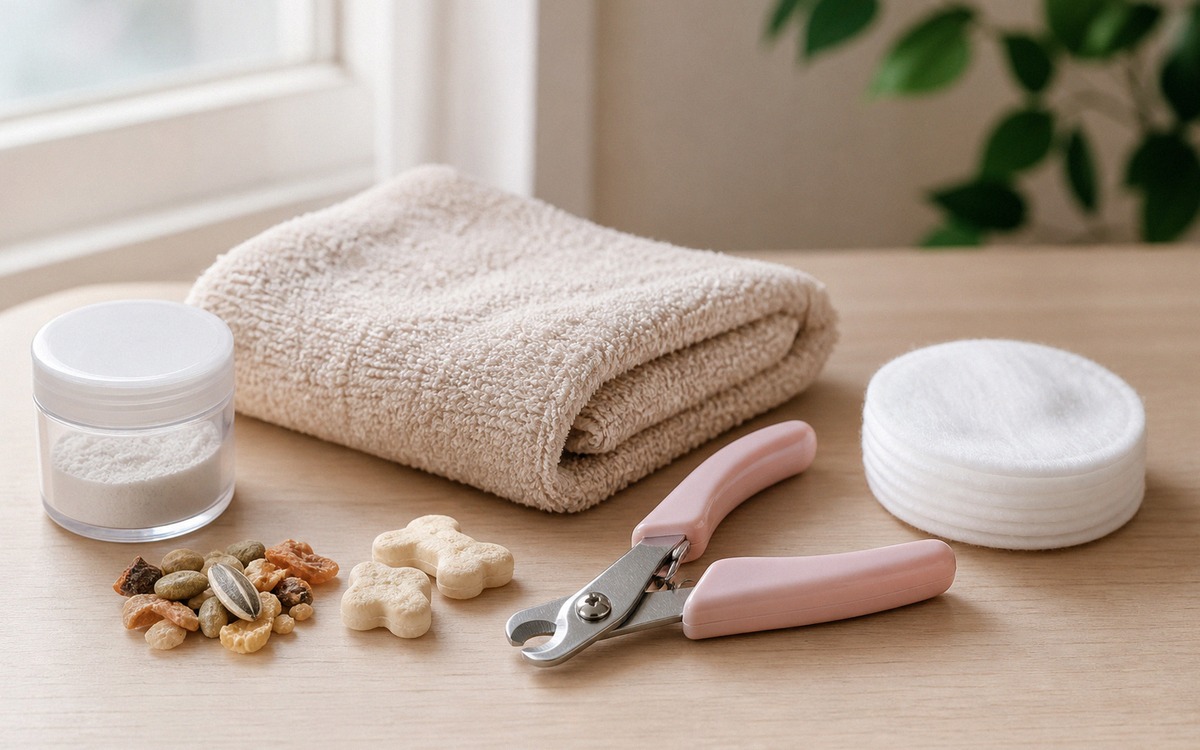 Photorealistic flat lay of hamster nail trimming supplies on a clean table: tiny pet nail clippers, 