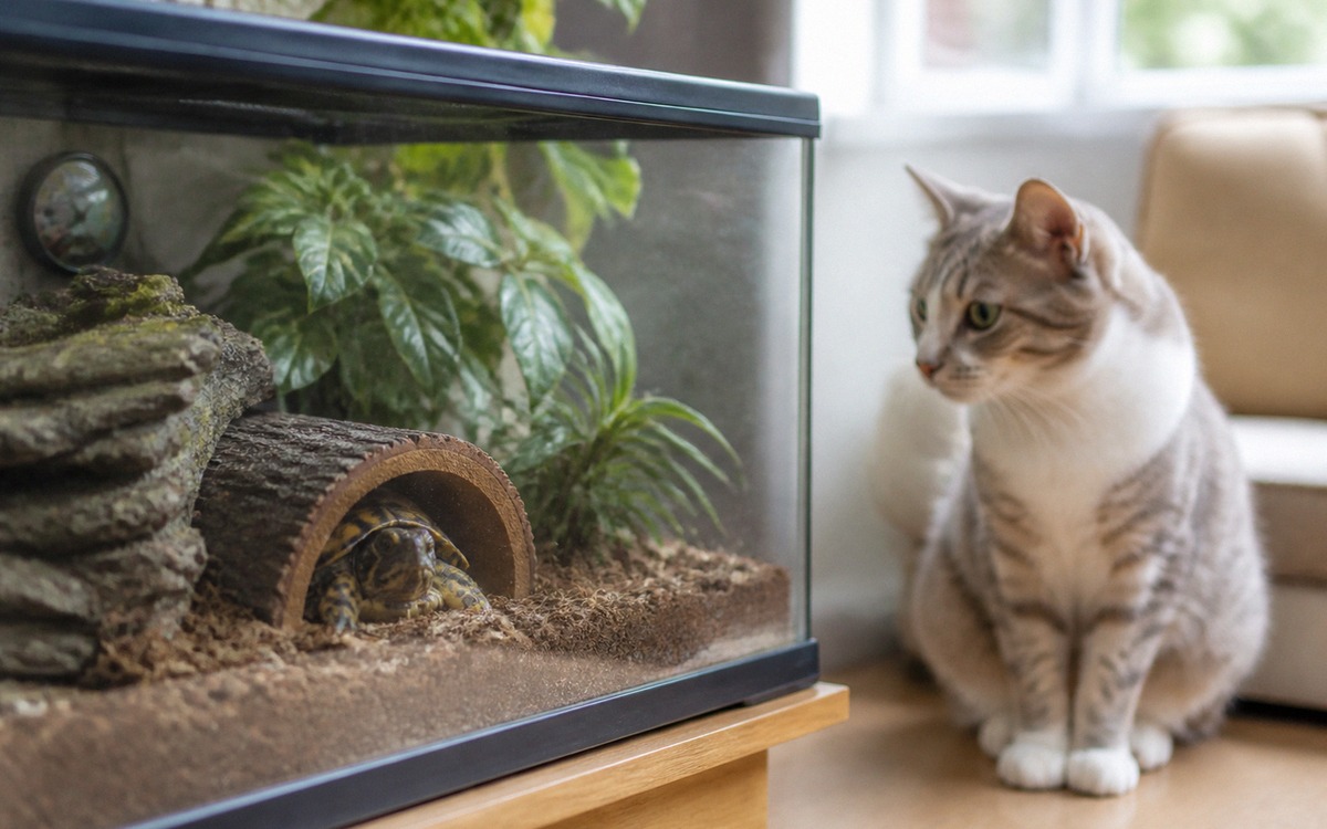 A cautious small turtle retreating into a hide while a curious cat watches from outside the closed t