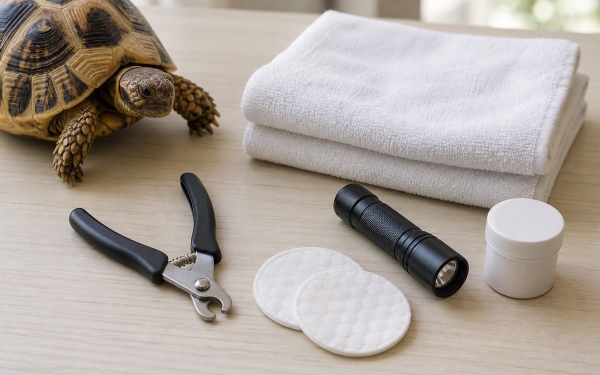 Photorealistic flat lay of safe turtle nail trimming tools on a clean table: small pet nail clipper,