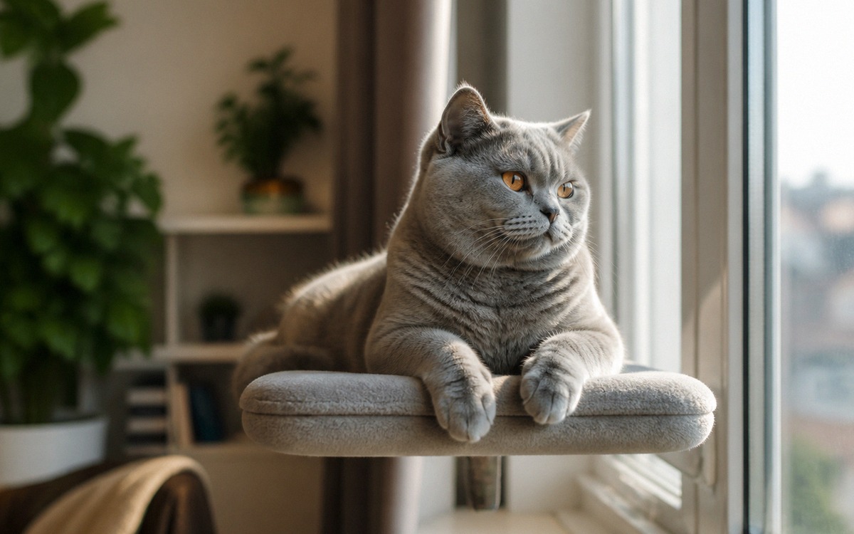A relaxed British Shorthair cat sitting on a window perch in an apartment, indoor plants safely plac
