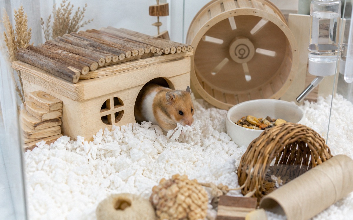A well arranged hamster cage with a wooden house, deep paper bedding, exercise wheel, food bowl and 