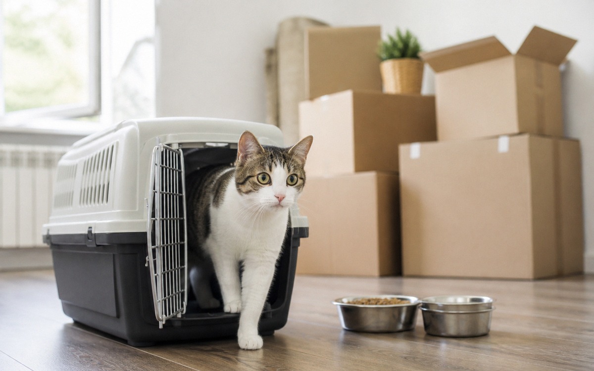 Photorealistic natural photography of a cat cautiously stepping out of an open pet carrier in a new 