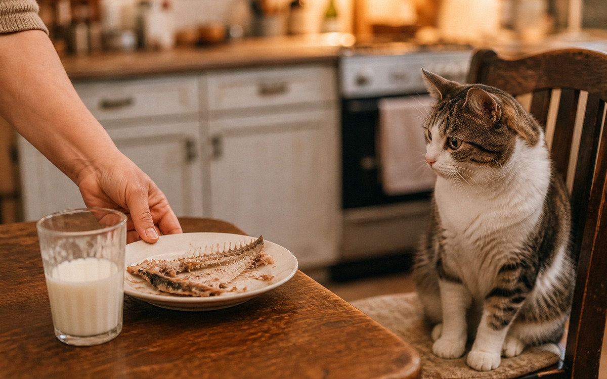 Photorealistic scene of a cat watching a plate with raw fish bones and a glass of milk being removed