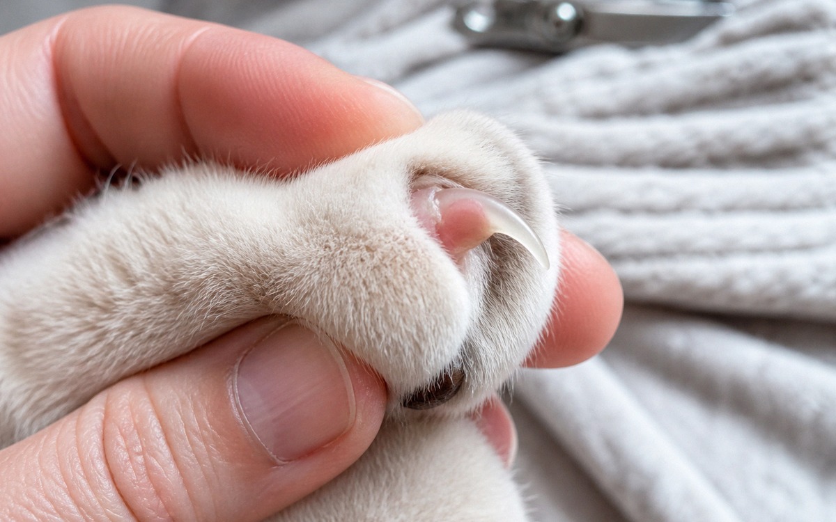 Close-up photorealistic macro shot of a light-colored cat paw gently held by a human hand, one claw 