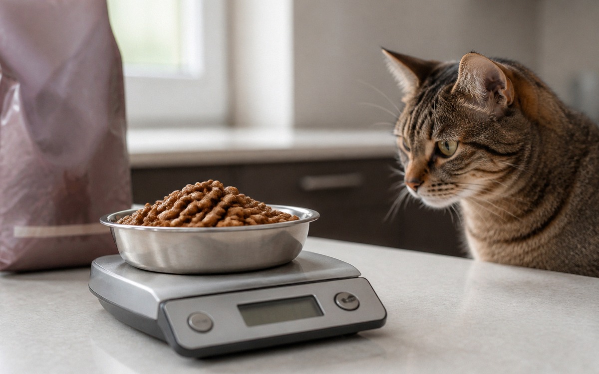 Photorealistic close-up of a cat food portion being weighed on a digital kitchen scale, adult tabby 