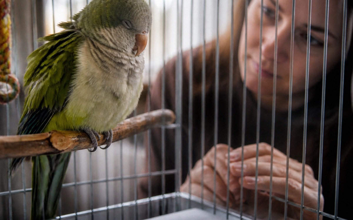 Photorealistic scene of a small pet parrot sitting fluffed up and sleepy on a low perch inside a cag
