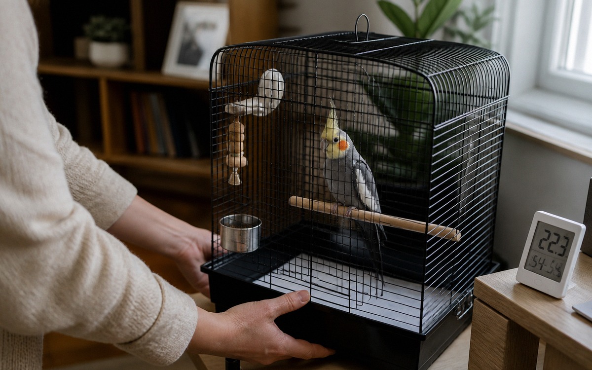 Photorealistic natural photography of a pet cockatiel in a cage placed safely away from an open wind