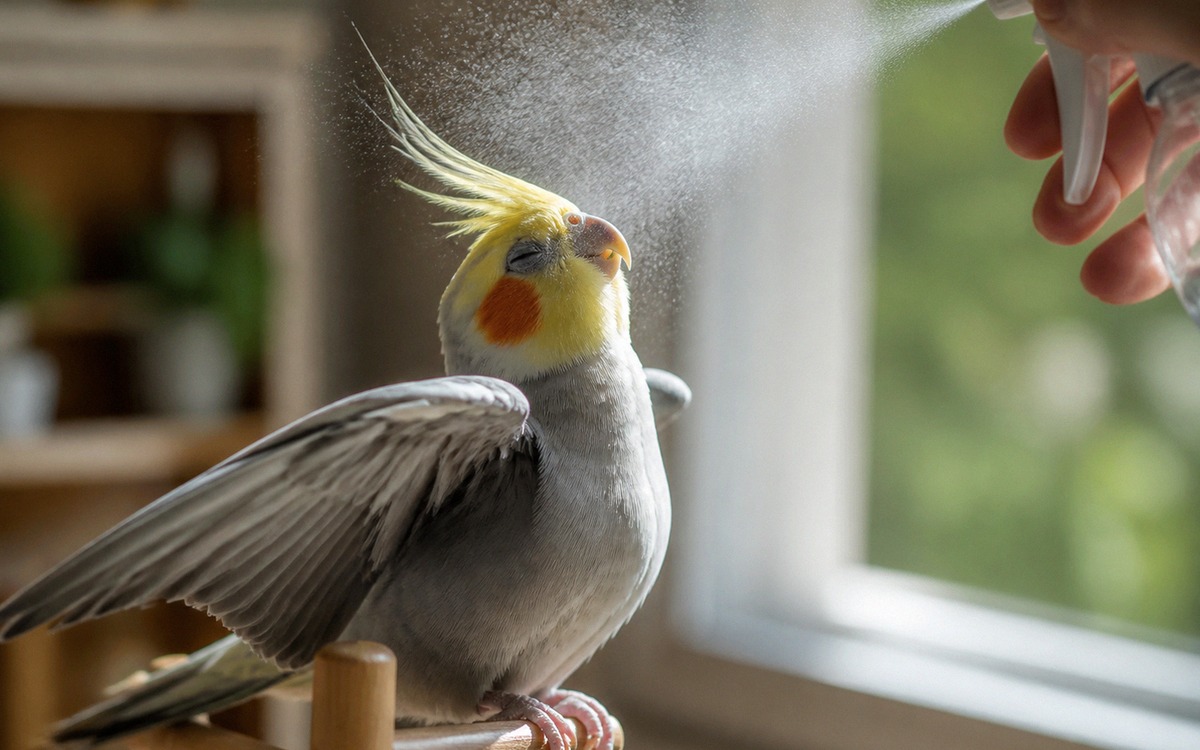 Photorealistic natural photography of a cockatiel gently enjoying fine mist from a clean spray bottl