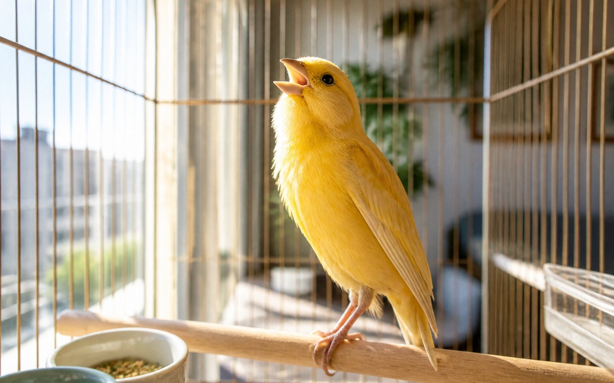 A bright yellow canary singing on a wooden perch inside a spacious rectangular cage, morning sunligh