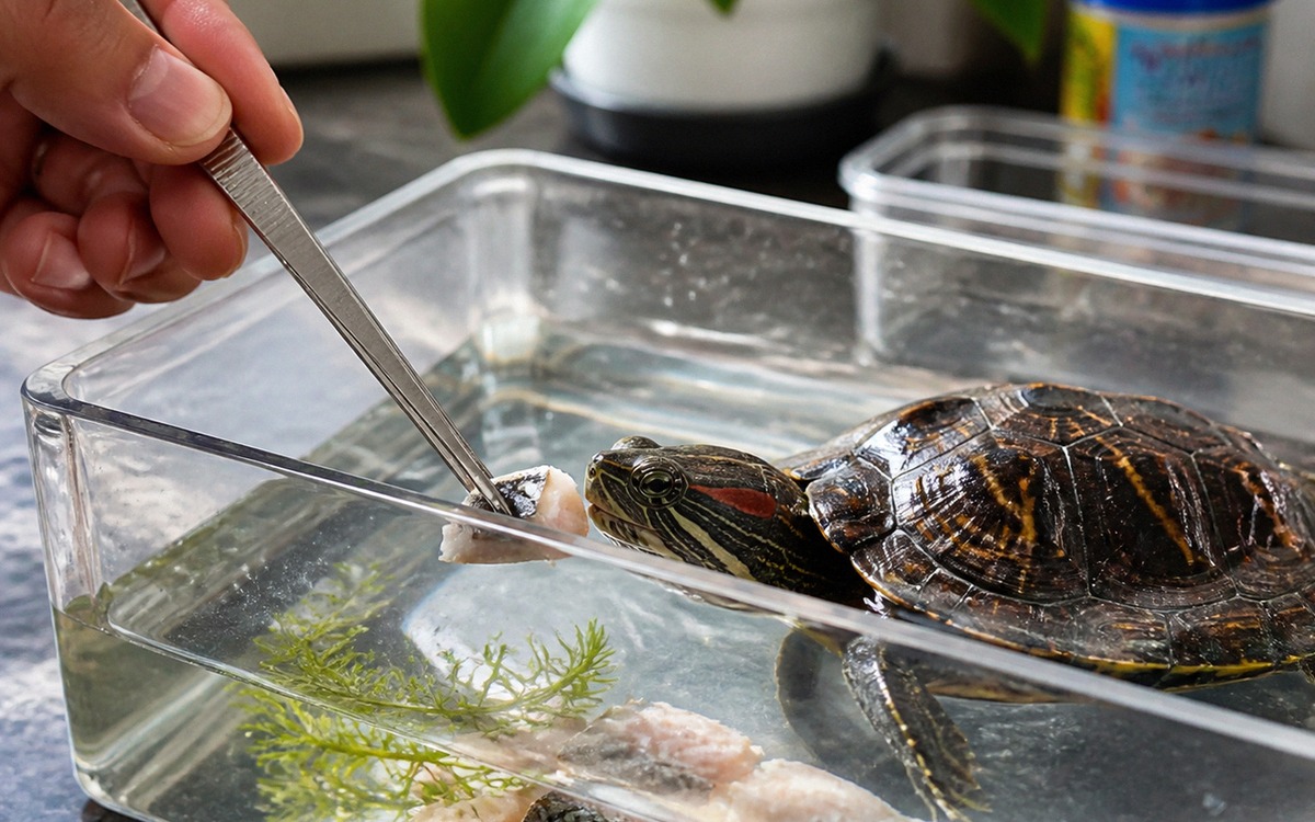 Photorealistic scene of a red-eared slider turtle feeding in a separate small water container, piece