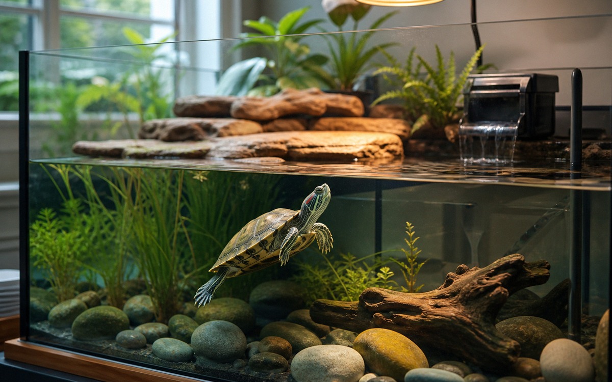 Photorealistic red-eared slider turtle swimming in a large clean aquaterrarium, visible basking plat