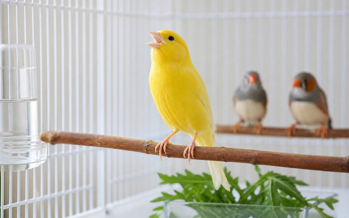 A bright yellow canary singing on a natural wooden perch inside a clean spacious bird cage, with two