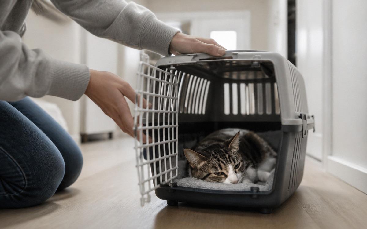 Photorealistic natural photography of a lethargic cat lying in a pet carrier with a soft blanket, ow