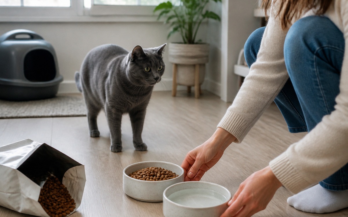 Photorealistic home scene of a cat owner checking a cat feeding area: clean ceramic food bowl, fresh
