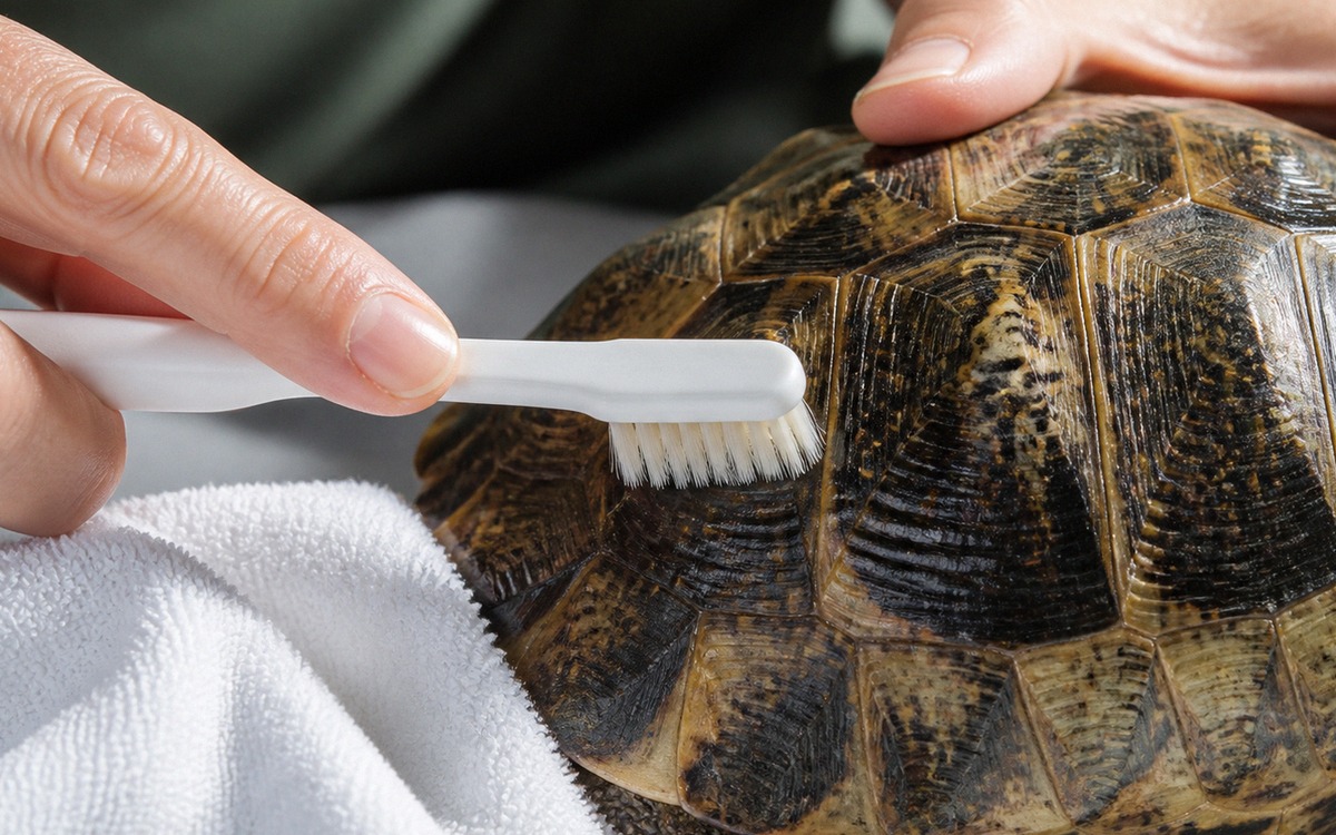 Photorealistic scene of a tortoise shell being gently cleaned with a very soft toothbrush by careful