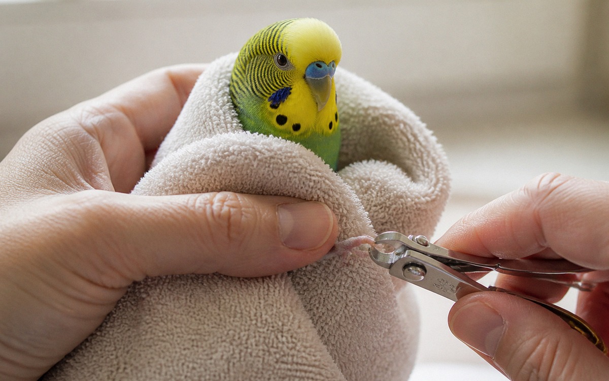 Photorealistic scene of an experienced owner gently holding a small budgerigar in a soft towel, ches