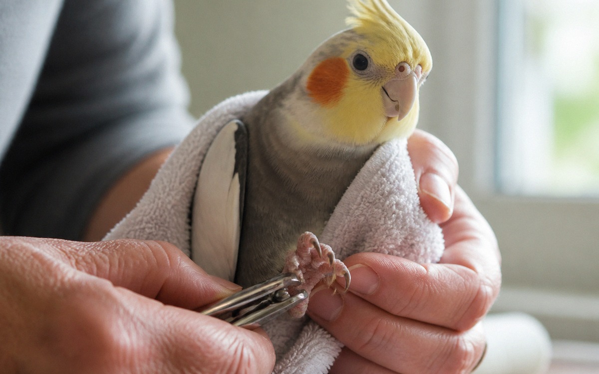 Photorealistic close-up of an experienced person gently holding a small cockatiel wrapped in a soft