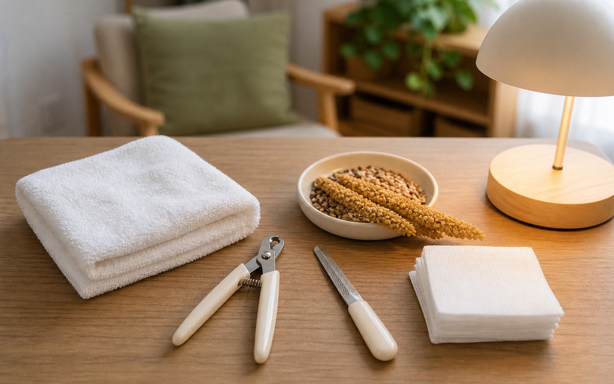 Photorealistic flat lay of safe bird nail trimming tools on a clean table: small bird nail clippers,
