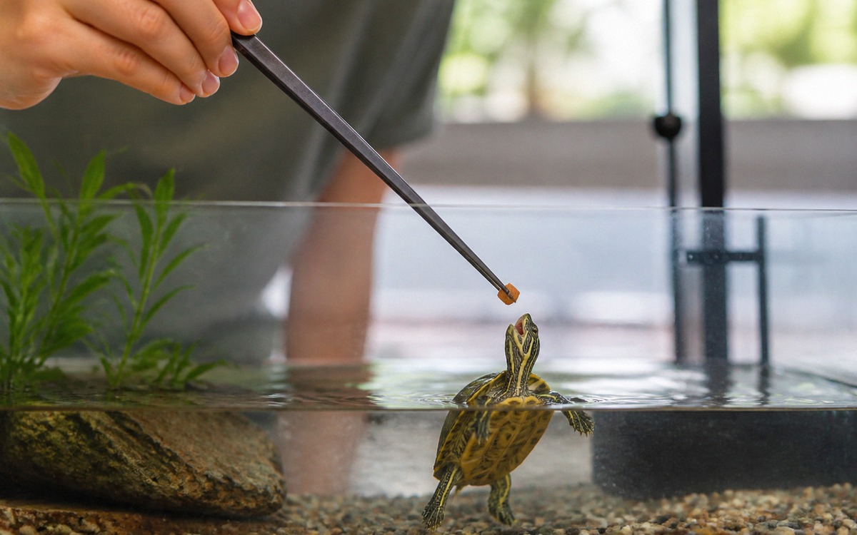 Owner feeding a small aquatic turtle with long blunt feeding tweezers, fingers kept far from the tur