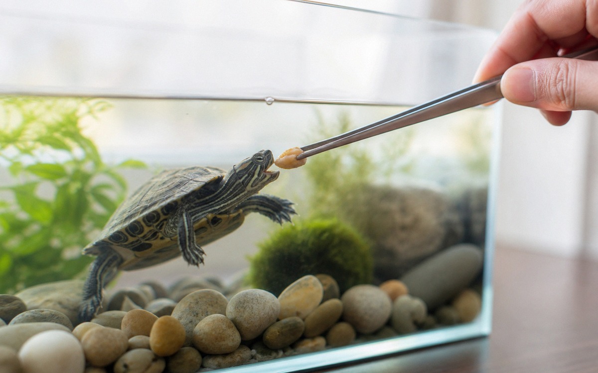 A pet owner feeding a small aquatic turtle with long blunt feeding tongs instead of fingers, turtle 