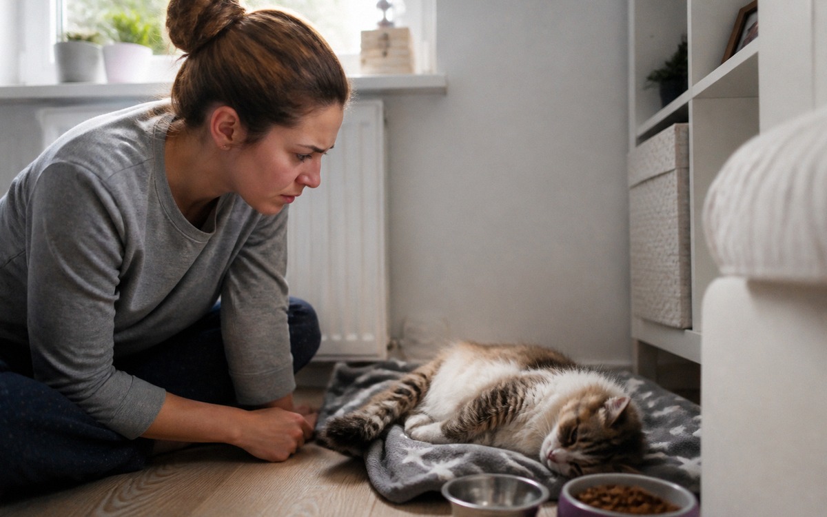 Photorealistic natural photography of a concerned cat owner gently observing a sleepy cat lying in a