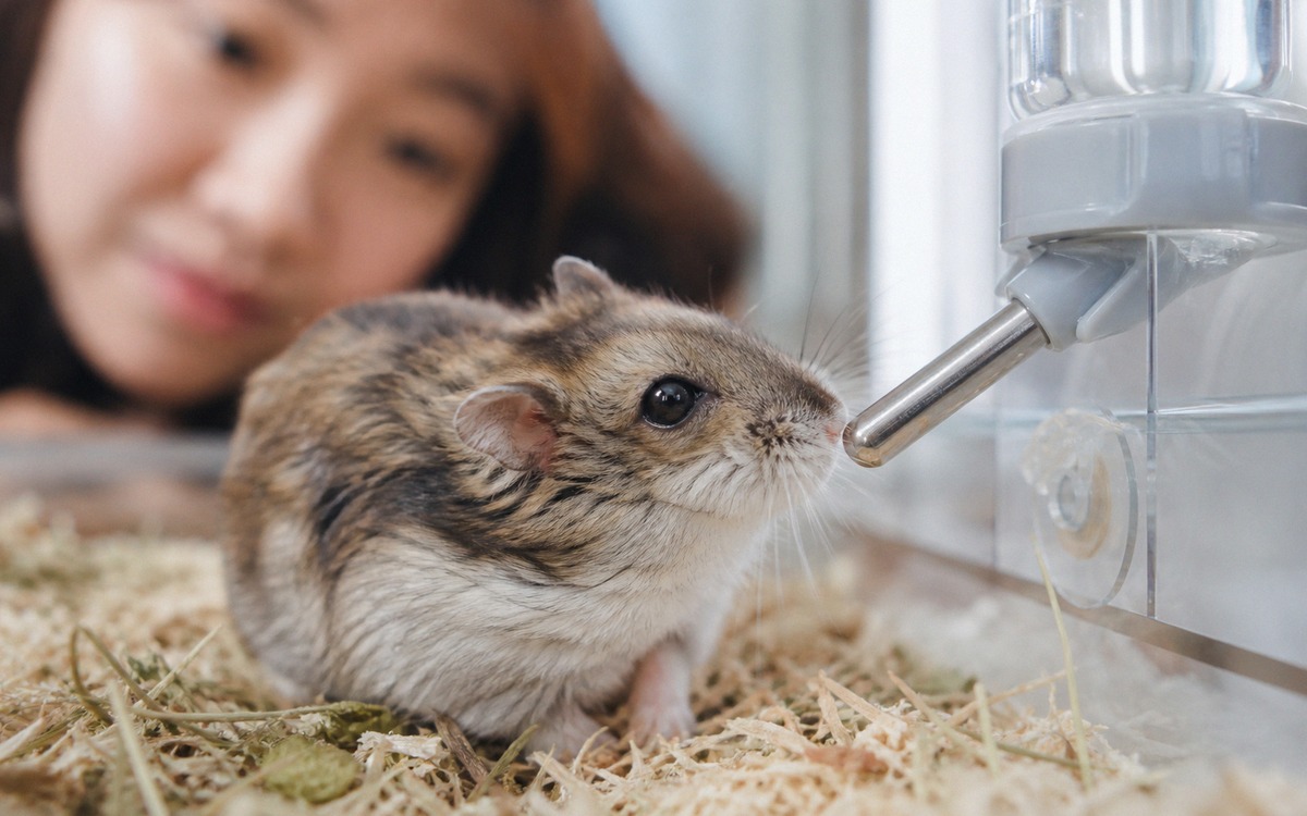 Close-up of a dwarf hamster with slightly messy fur near a water bottle, owner carefully watching wi