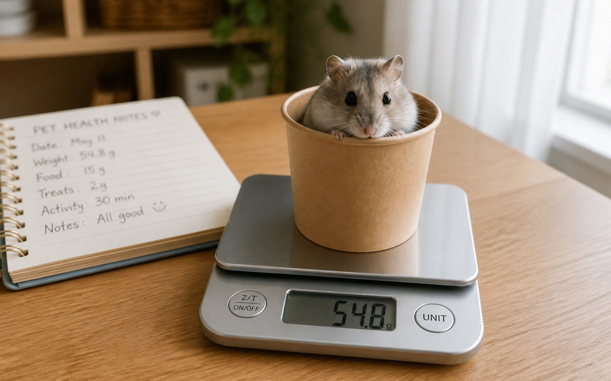 Natural photography of a hamster being gently weighed in a small cardboard cup on digital kitchen sc