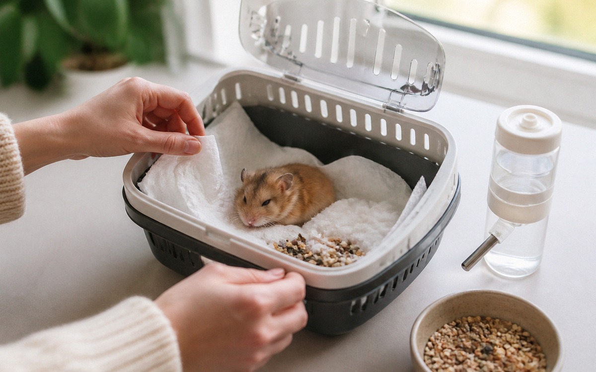 Photorealistic scene of a sick hamster in a small safe travel carrier with paper towels, familiar be