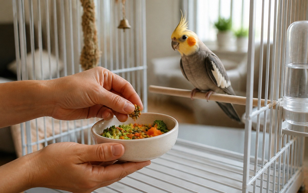 Photorealistic morning scene of a person gently placing a measured portion of bird food and fresh ve