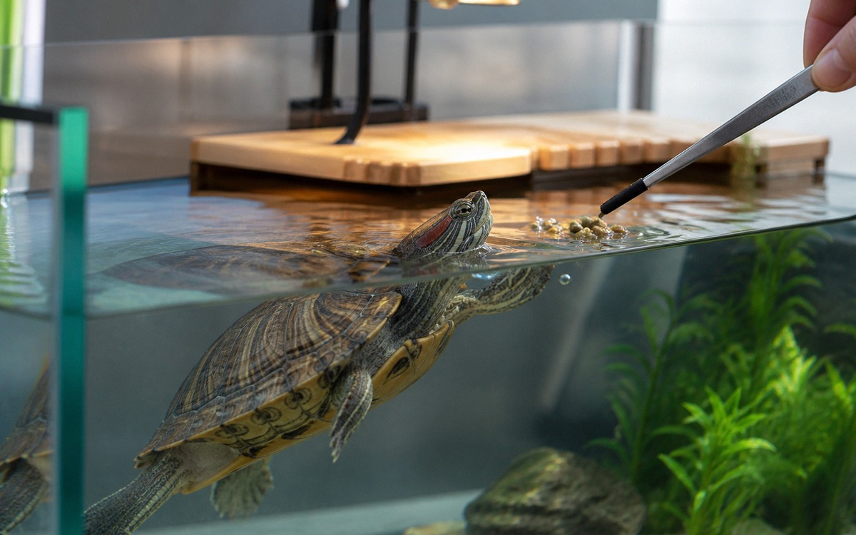Photorealistic natural photography of a red-eared slider turtle in a clean aquarium reaching for a s