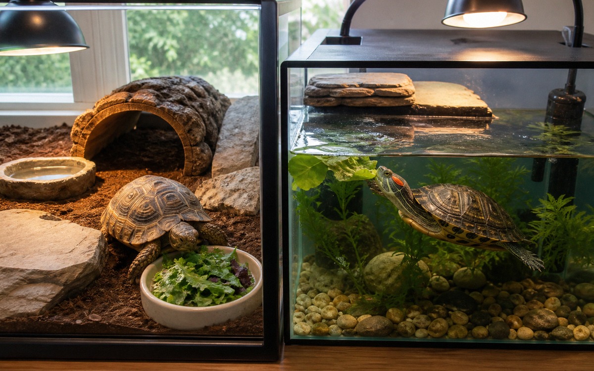 Photorealistic scene showing two separate proper turtle feeding setups at home: a land tortoise eati