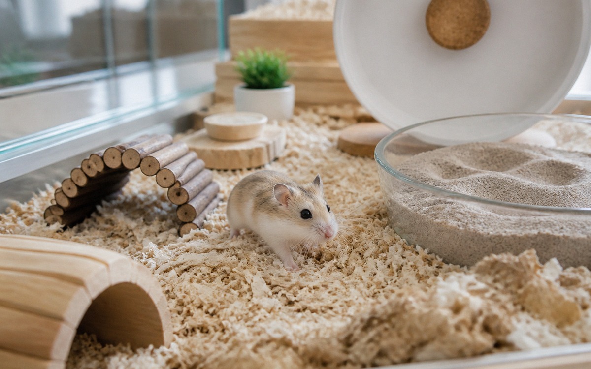 Photorealistic natural photo of a tiny Roborovski hamster running near a sand bath and small wooden 