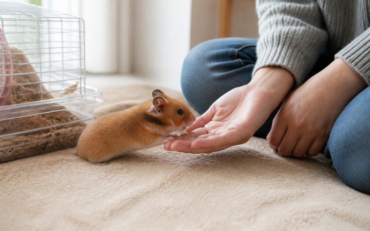 A hamster stepping onto an open human palm to take a tiny treat, owner seated calmly beside the cage