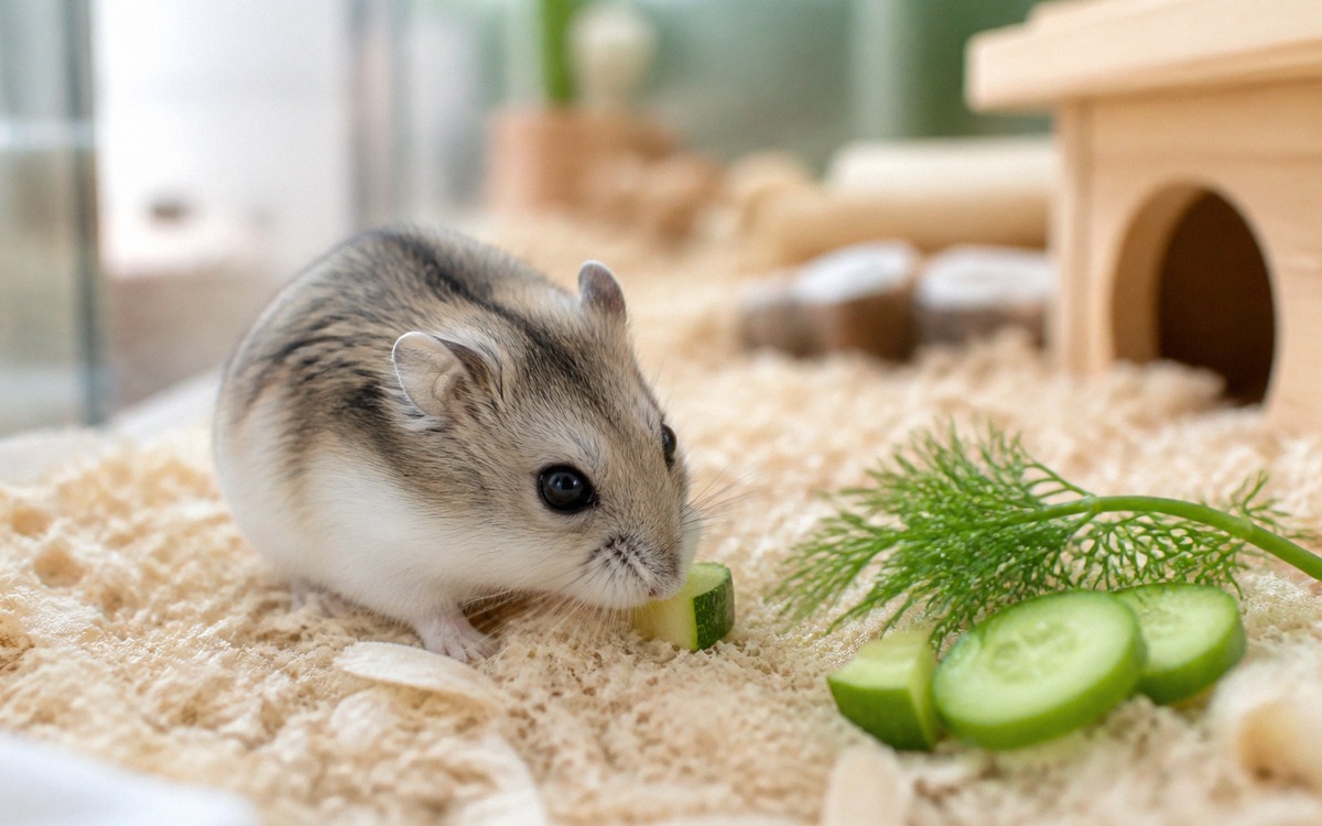 Photorealistic scene of a dwarf hamster sniffing a very small piece of zucchini beside fresh dill an