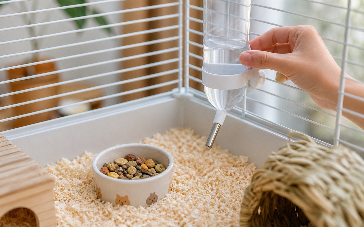 Close realistic scene of a hamster cage corner with clean bedding, food bowl with dry hamster mix, w