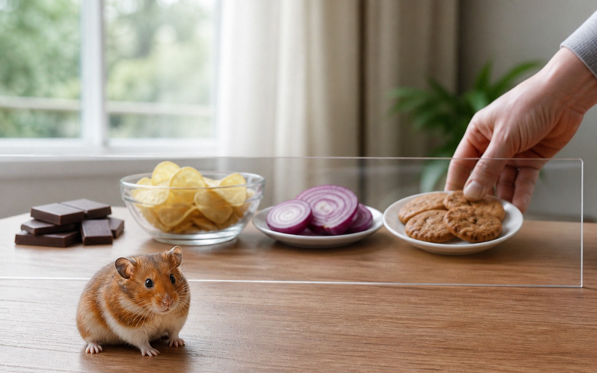 Photorealistic educational scene showing a hamster safely separated from unsafe human foods on a tab