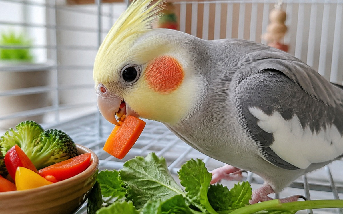 A cockatiel gently nibbling a clipped piece of fresh carrot and leafy greens inside a clean cage, sm
