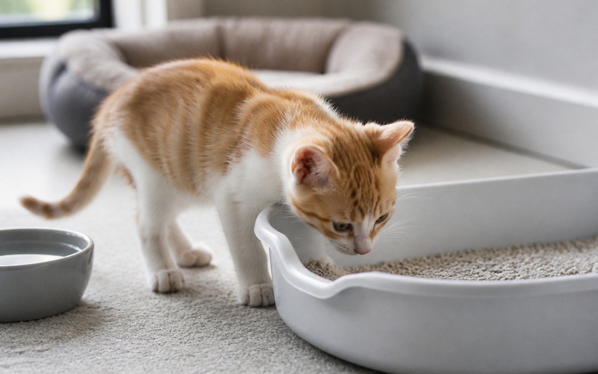 A small kitten in a safe starter room with a low sided litter tray, water bowl and cozy bed in the b